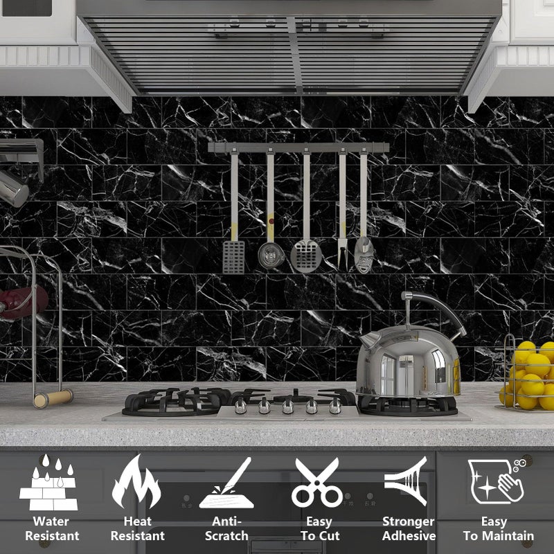 URCOLOR 32-Piece Peel and Stick Backsplash Wall Tile  4""x 8"" PVC Glossy Black Marble Stick on Subway Tiles for Kitchen  Bathroom  Laundry Room  Camper  Fireplace - Image 3